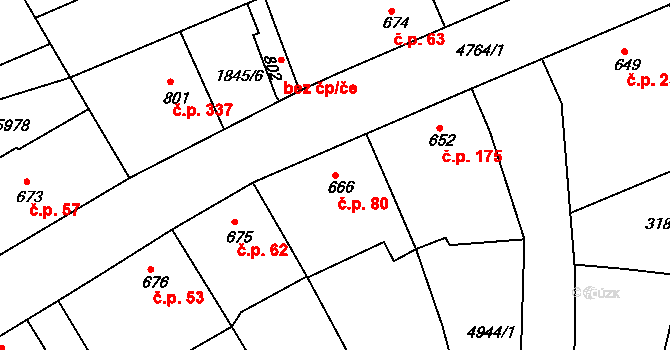Zaječí 80 na parcele st. 666 v KÚ Zaječí, Katastrální mapa