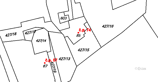 Poutnov 74, Teplá na parcele st. 85 v KÚ Poutnov, Katastrální mapa