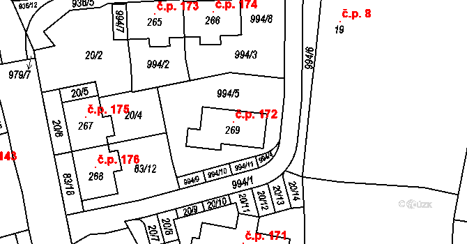 Kvíčovice 172 na parcele st. 269 v KÚ Kvíčovice, Katastrální mapa