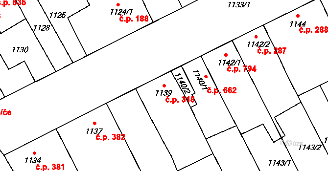 Lužice 318 na parcele st. 1139 v KÚ Lužice u Hodonína, Katastrální mapa