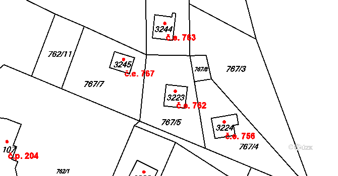 Ostravice 762 na parcele st. 3223 v KÚ Staré Hamry 2, Katastrální mapa