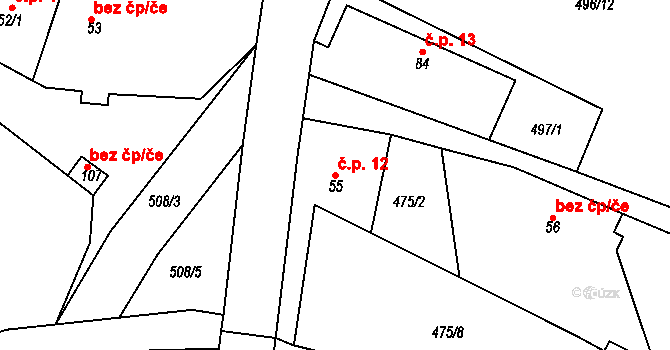 Jeřičky 12, Hořiněves na parcele st. 56 v KÚ Jeřičky, Katastrální mapa
