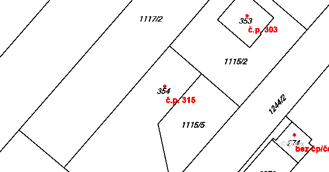 Senice na Hané 315 na parcele st. 354 v KÚ Senice na Hané, Katastrální mapa