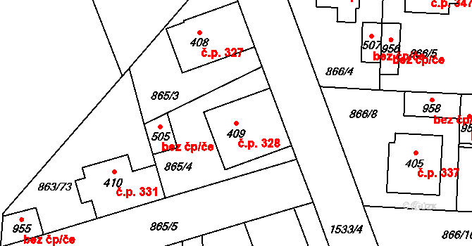 Brozany nad Ohří 328 na parcele st. 409 v KÚ Brozany nad Ohří, Katastrální mapa