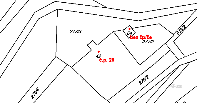 Čábuze 26, Vacov na parcele st. 42 v KÚ Čábuze, Katastrální mapa