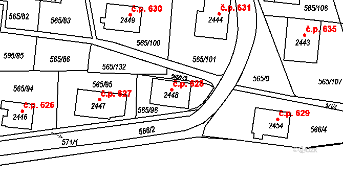 Borovina 628, Třebíč na parcele st. 2448 v KÚ Třebíč, Katastrální mapa