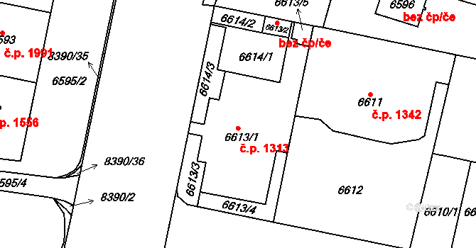 Židenice 1313, Brno na parcele st. 6613/1 v KÚ Židenice, Katastrální mapa