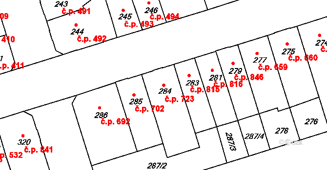 Trnovany 723, Teplice na parcele st. 284 v KÚ Teplice-Trnovany, Katastrální mapa