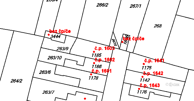 Nový Bydžov 1603 na parcele st. 1185 v KÚ Nový Bydžov, Katastrální mapa