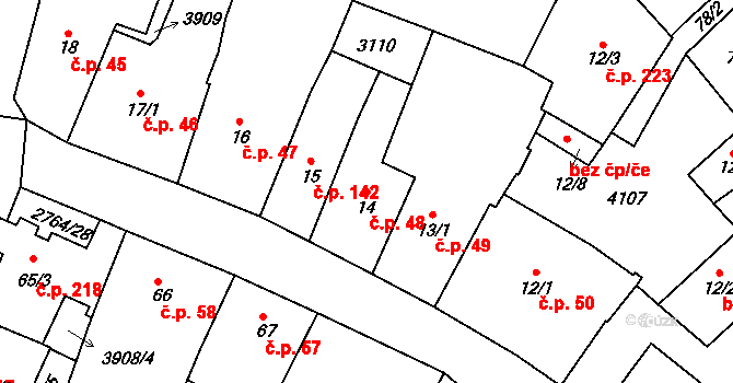 Střed 48, Rokycany na parcele st. 14 v KÚ Rokycany, Katastrální mapa