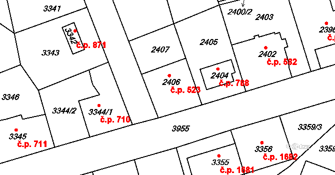 Modřany 523, Praha na parcele st. 2406 v KÚ Modřany, Katastrální mapa