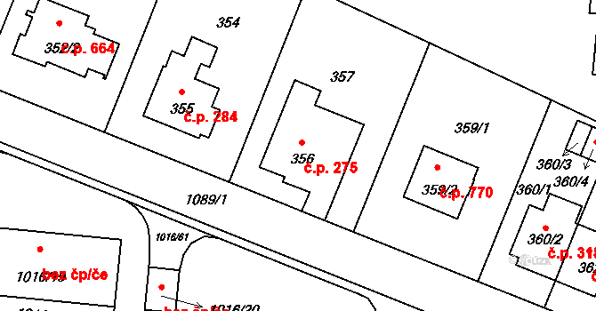 Čimice 275, Praha na parcele st. 356 v KÚ Čimice, Katastrální mapa