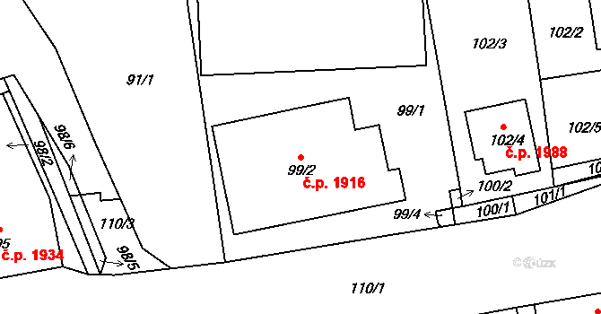 České Budějovice 2 1916, České Budějovice na parcele st. 99/2 v KÚ České Vrbné, Katastrální mapa