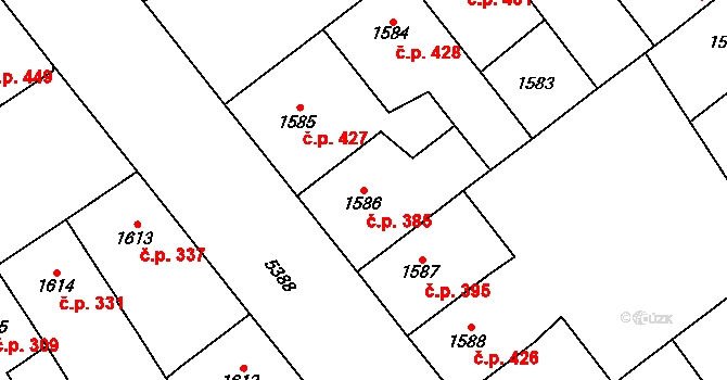 Východní Předměstí 385, Plzeň na parcele st. 1586 v KÚ Plzeň, Katastrální mapa