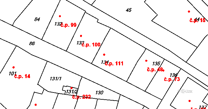 Velké Chvalovice 111, Pečky na parcele st. 134 v KÚ Velké Chvalovice, Katastrální mapa