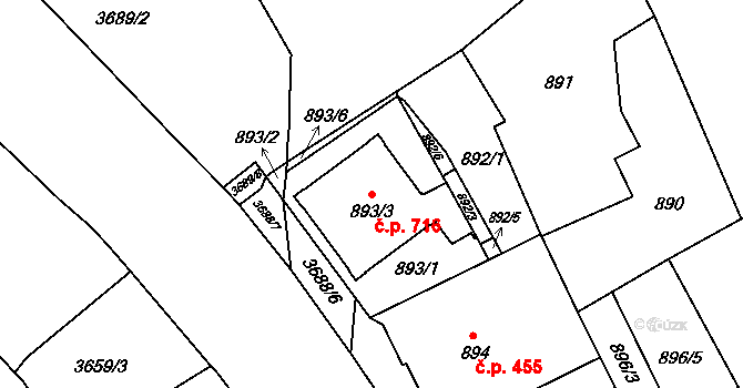 Vyškov-Předměstí 716, Vyškov na parcele st. 893/3 v KÚ Vyškov, Katastrální mapa