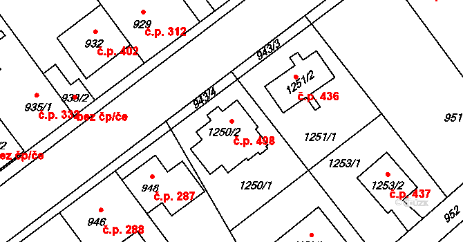 Hřebeč 498 na parcele st. 1250/2 v KÚ Hřebeč, Katastrální mapa