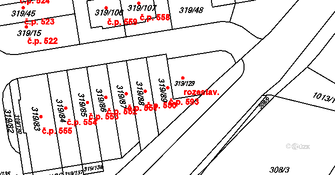 Moravany 593 na parcele st. 319/89 v KÚ Moravany u Brna, Katastrální mapa