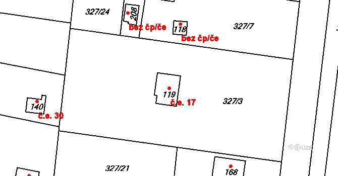 Slavice 17, Třebíč na parcele st. 119 v KÚ Slavice, Katastrální mapa