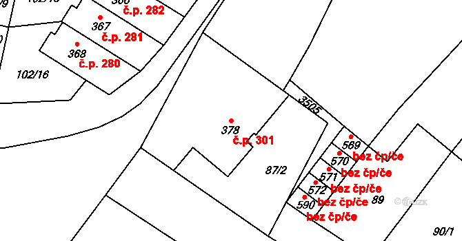 Želetava 301 na parcele st. 378 v KÚ Želetava, Katastrální mapa