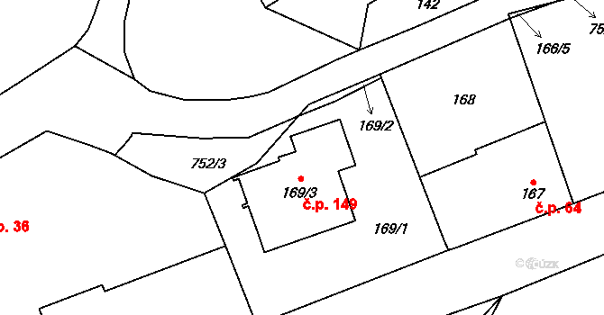 Přední Kopanina 149, Praha na parcele st. 169/2 v KÚ Přední Kopanina, Katastrální mapa
