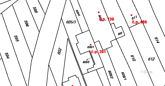 Kobeřice u Brna 261 na parcele st. 605/1 v KÚ Kobeřice u Brna, Katastrální mapa