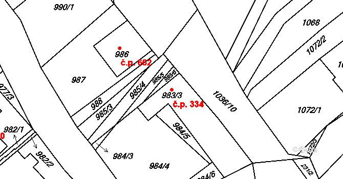Buchlovice 334 na parcele st. 983/3 v KÚ Buchlovice, Katastrální mapa