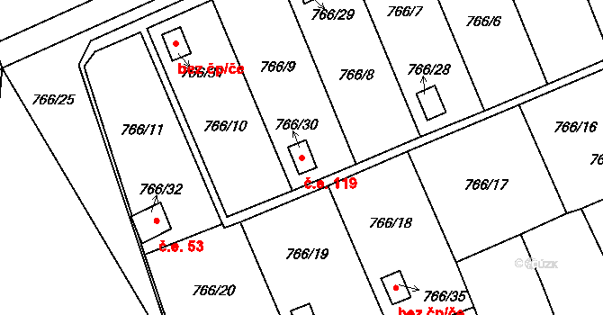 Bludovice 119, Havířov na parcele st. 766/30 v KÚ Bludovice, Katastrální mapa