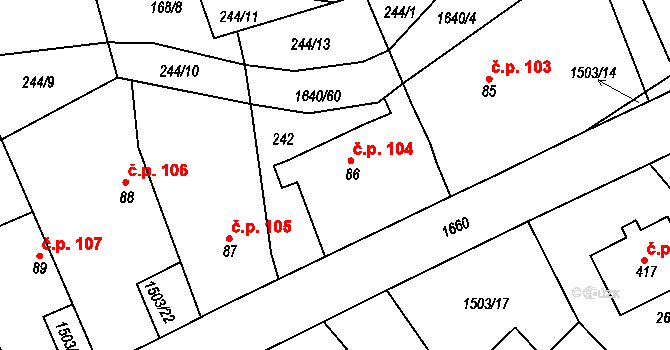Rosice 104 na parcele st. 86 v KÚ Rosice u Chrasti, Katastrální mapa