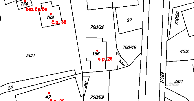 Jeníkov 25 na parcele st. 166 v KÚ Jeníkov u Hlinska, Katastrální mapa