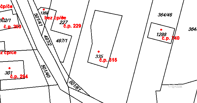 Nučice 315 na parcele st. 335 v KÚ Nučice u Rudné, Katastrální mapa