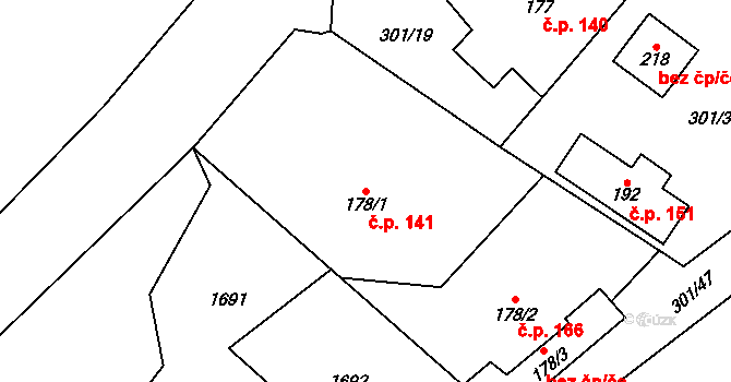Podmokly 141 na parcele st. 178/1 v KÚ Podmokly nad Berounkou, Katastrální mapa