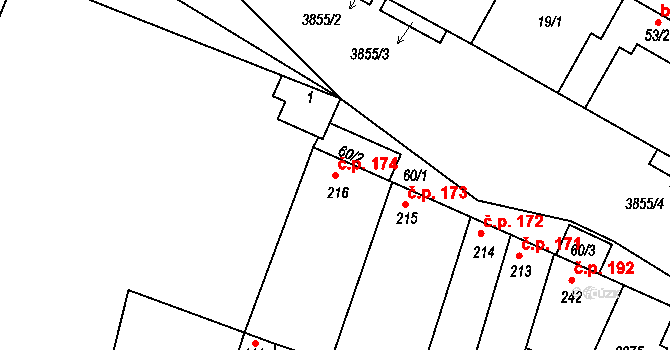 Řevničov 174 na parcele st. 216 v KÚ Řevničov, Katastrální mapa