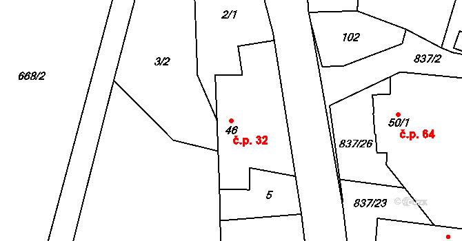 Počátky 32, Chotěboř na parcele st. 46 v KÚ Počátky u Chotěboře, Katastrální mapa