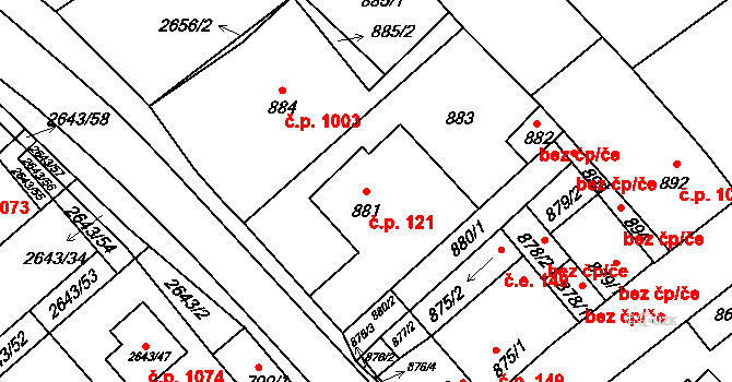 Valtice 121 na parcele st. 881 v KÚ Valtice, Katastrální mapa