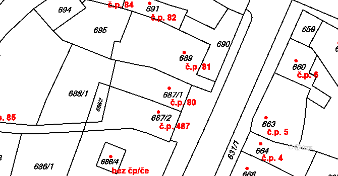Brodek u Prostějova 80 na parcele st. 687/1 v KÚ Brodek u Prostějova, Katastrální mapa