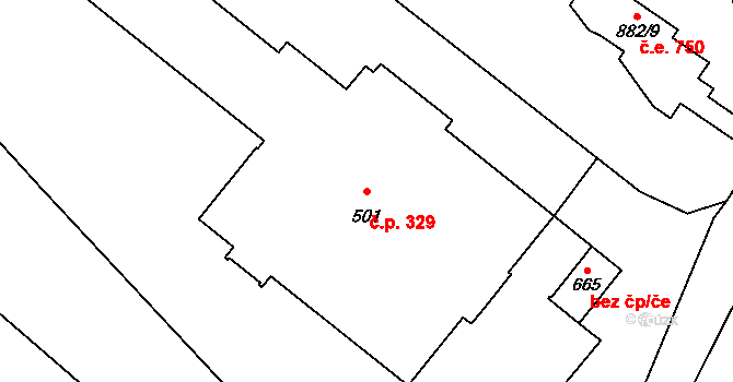 Vranov nad Dyjí 329 na parcele st. 501 v KÚ Vranov nad Dyjí, Katastrální mapa