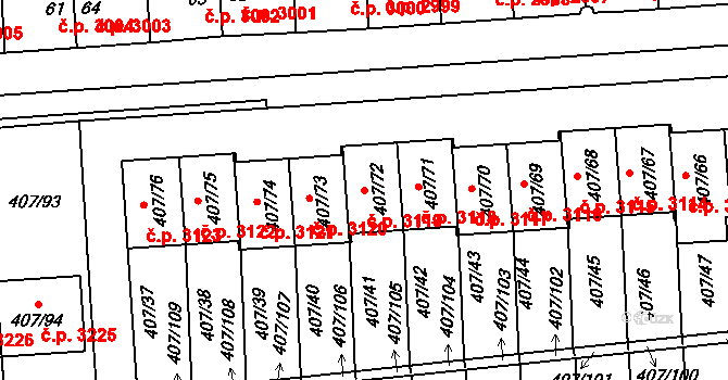 Znojmo 3119 na parcele st. 407/72 v KÚ Znojmo-Louka, Katastrální mapa