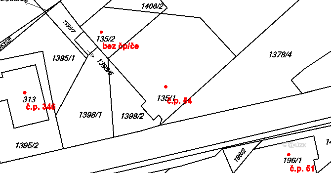 Blížkovice 54 na parcele st. 135/1 v KÚ Městys Blížkovice, Katastrální mapa