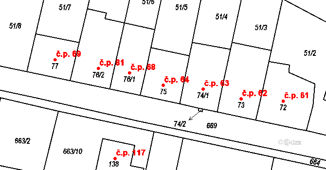Skoky 64, Dolní Újezd na parcele st. 75 v KÚ Skoky u Staměřic, Katastrální mapa
