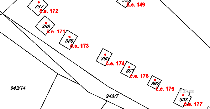 Maxov 174, Radvanec na parcele st. 390 v KÚ Radvanec, Katastrální mapa