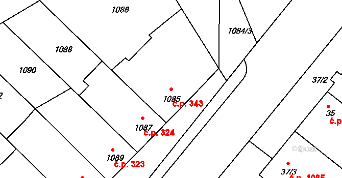 Rohatec 343 na parcele st. 1085 v KÚ Rohatec, Katastrální mapa