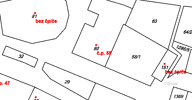 Rychtářov 55, Vyškov na parcele st. 80 v KÚ Rychtářov, Katastrální mapa