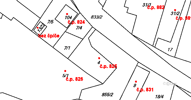 Těptín 825, Kamenice na parcele st. 4 v KÚ Těptín, Katastrální mapa