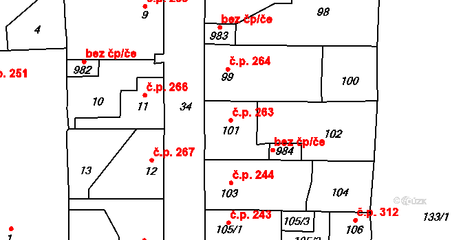 Vinařice 263 na parcele st. 101 v KÚ Vinařice u Kladna, Katastrální mapa