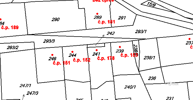 Loděnice 178 na parcele st. 241 v KÚ Loděnice u Berouna, Katastrální mapa