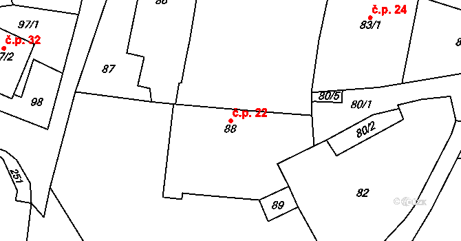 Hřibsko 22, Stěžery na parcele st. 88 v KÚ Hřibsko, Katastrální mapa