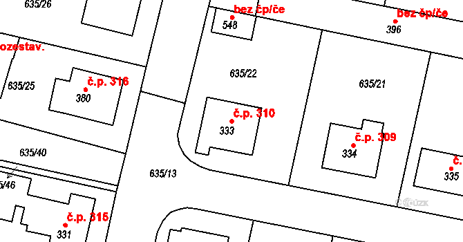 Předměřice nad Labem 310 na parcele st. 333 v KÚ Předměřice nad Labem, Katastrální mapa