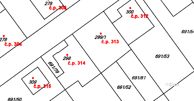 Hrotovice 313 na parcele st. 299/1 v KÚ Hrotovice, Katastrální mapa