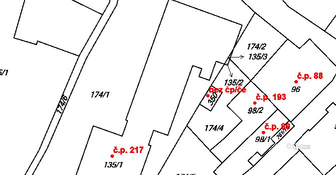 Žďárná 217 na parcele st. 135/1 v KÚ Žďárná, Katastrální mapa
